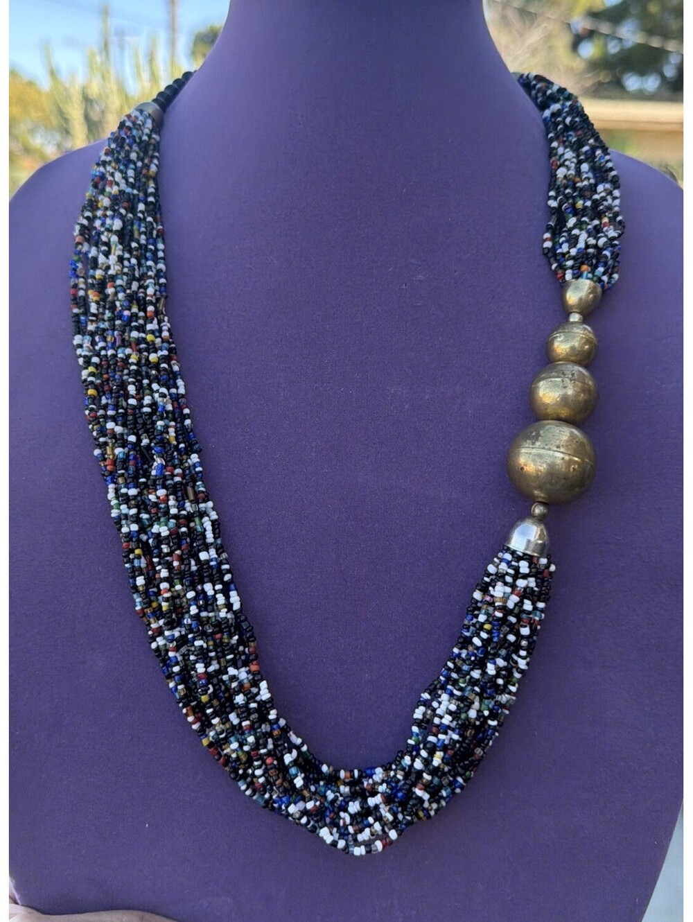 VTG Multi Strand Beaded Necklace Brass Balls Accents India Statement Black Boho